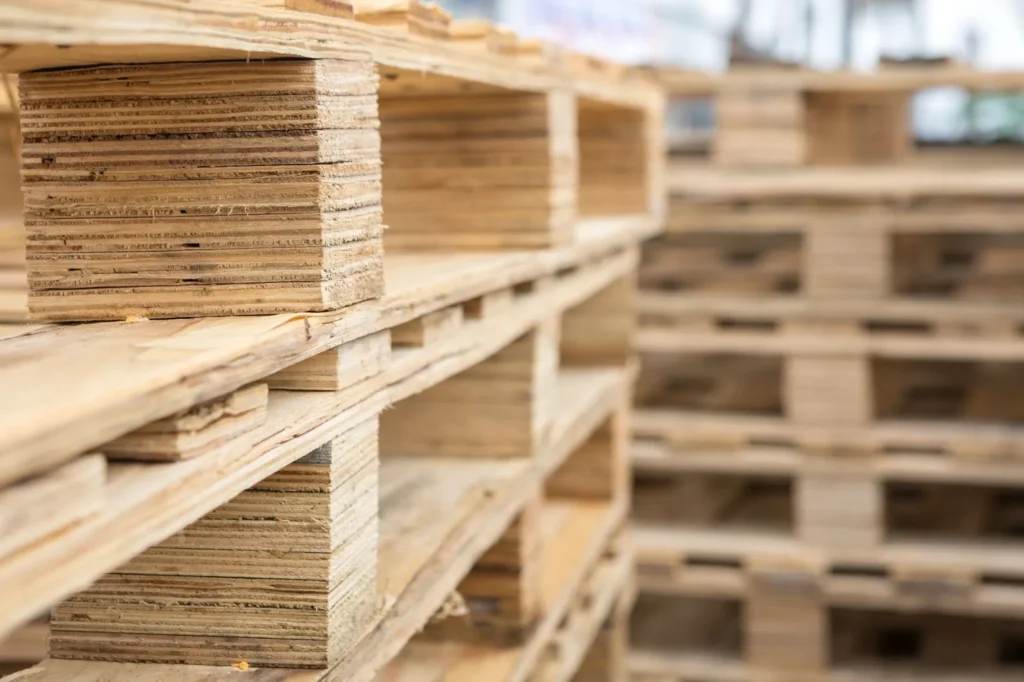 Pallets de manera en con madera certificada en un almacén