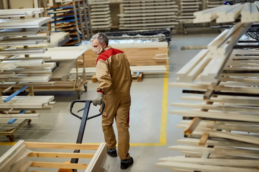 Trabajador trasladando pallets de madera en una fábrica industrial.