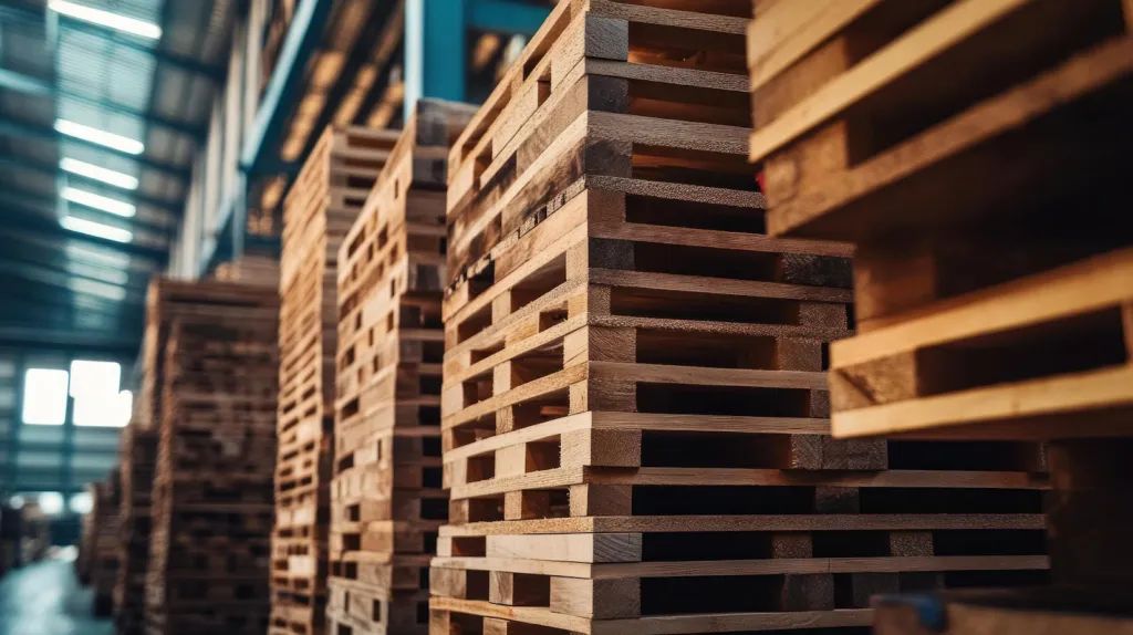 Pilas de pallets de madera en un almacén para **logística sostenible