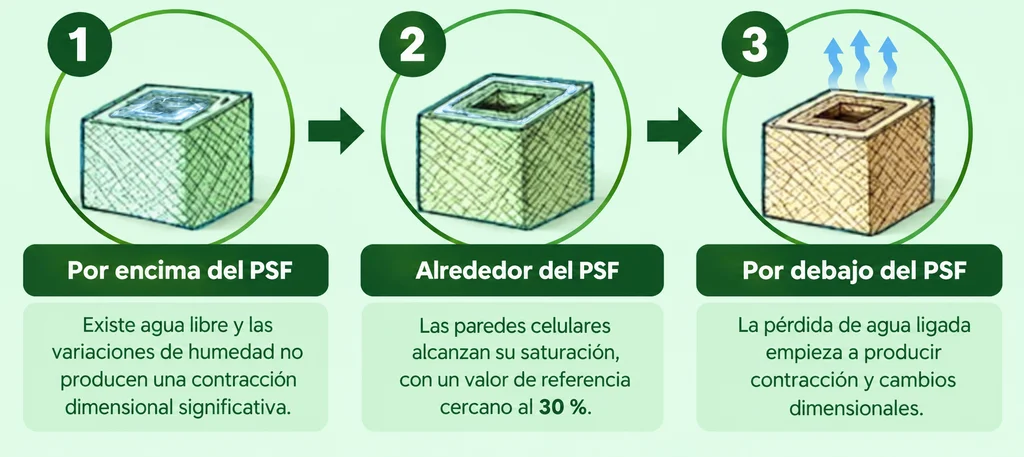 El Punto de Saturación de la Fibra encima, alrededor y por debajo