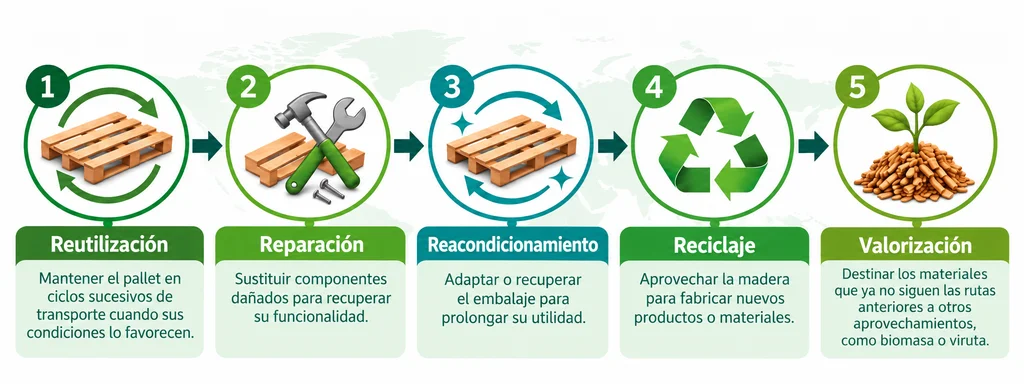 Jerarquía del aprovechamiento de las tarimas de madera en la gestión circular.